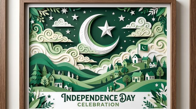 Independence Day, Pakistani celebration, green and white illustration, framed artwork, holiday decoration