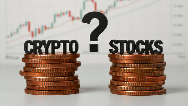 Crypto and Stocks text labels on coin stacks with a question mark. Investment comparison choice set against a blurred trading chart. Financial decision-making concept for wealth management marketing.