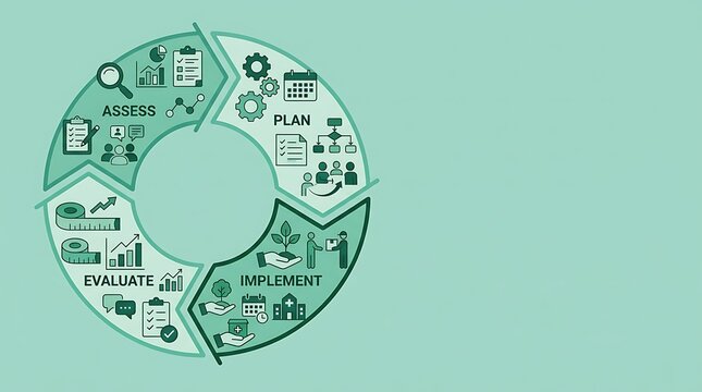 Business management cycle with assessment planning and implementation
