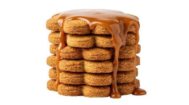 Stack of golden biscuits with flowing caramel sauce during studio lighting isolated on transparent background