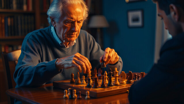 Senior man playing chess in a dimly lit library. Elderly player making a strategic move against an opponent during a late-night match. Strategy, logic, and intergenerational hobby concept.