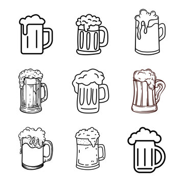 Beer Mug Outline Icon Set, Hand Drawn Beer Glass Sketch Illustrations