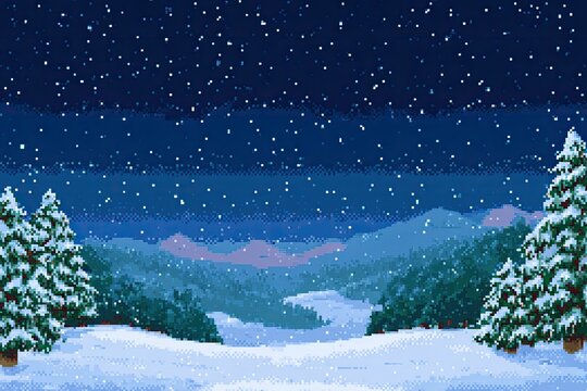 Pixel art snowy landscape at night with falling snow and trees