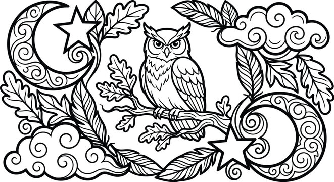 A serene nocturnal rendering of a wise owl perched on an oak branch under the crescent moons and starry sky.