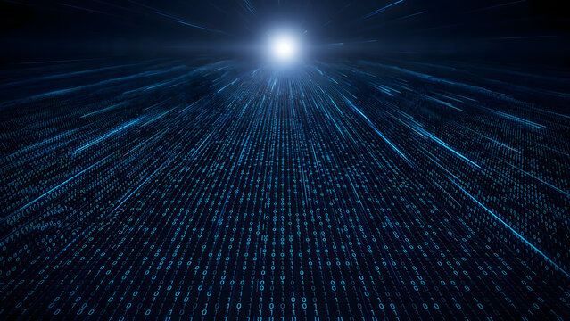 Abstract digital background, with binary code, streams flowing towards, a bright light, source in a, dark blue cyberspace, environment concept