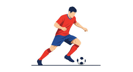 Fototapeta premium A soccer player dribbling the ball with high speed and precision, body tilted for agility, professional sports aesthetic, minimalist flat vector artwork, clipart style, absolute solid block