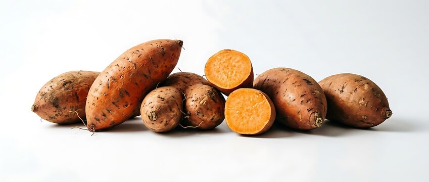 Fresh organic sweet potatoes whole and halved on a white background