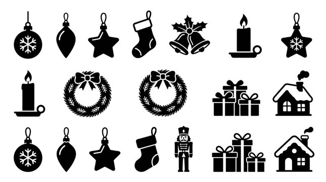 Collection of black Christmas icons on a white background.