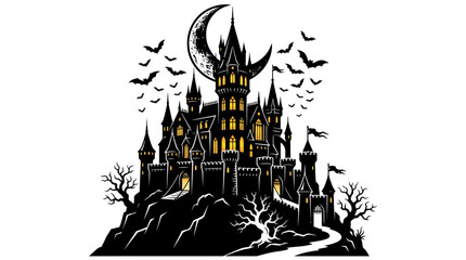 Haunted Castle with Flying Bats and Crescent Moon © Queen