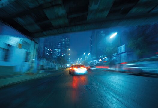 Car speeding under bridge at night on wet city street with blurred lights