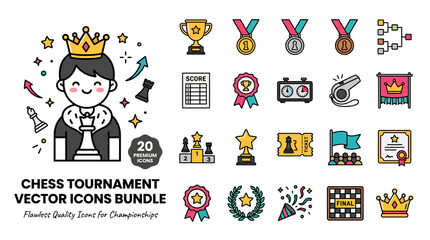 Fototapeta premium Chess tournament vector icons bundle, 20 premium championship symbols, professional board game competition elements for sports events