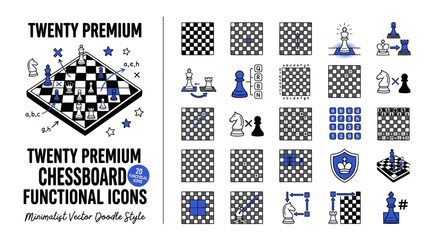 Minimalist chess icons set, twenty premium chessboard functional icons in doodle style, blue and black vector chess game elements © sidra