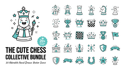 Cute chess collective bundle, 20 adorable hand-drawn vector icons, kawaii chess pieces and game elements, teal and black line art set © sidra