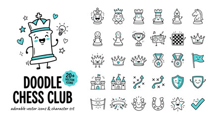 Doodle chess club icons, set of 20+ adorable vector characters and game elements, cute hand drawn chess pieces for kids education and sports © sidra