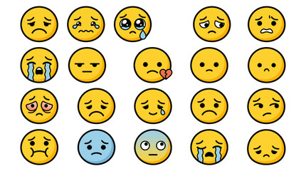 Fototapeta premium Sad emoji icon set with 19 vector characters, unhappy yellow faces with crying and depressed expressions, emotional mood symbols for social media