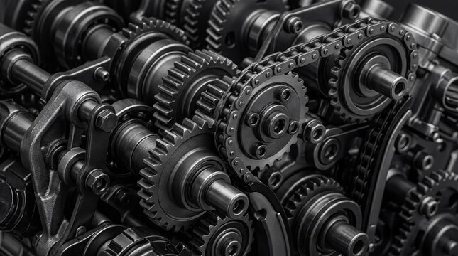 Close view of mechanical gears and chains working together in a machine during daytime