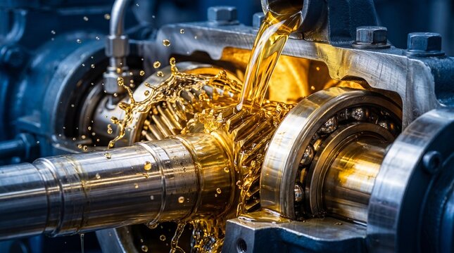 Oil is poured into a machine part in a workshop during daytime to ensure proper function and maintenance of equipment