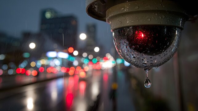 Rainy night cityscape with security camera and red indicator light