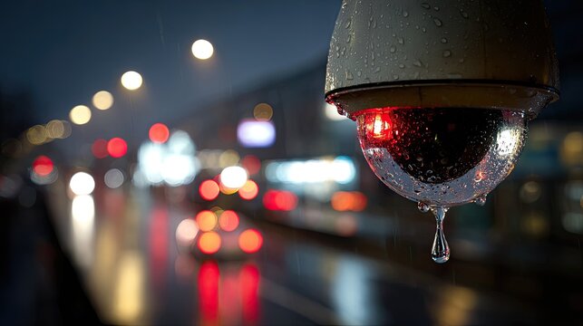 Rain-slicked surveillance camera monitors a city street at night, red light glows
