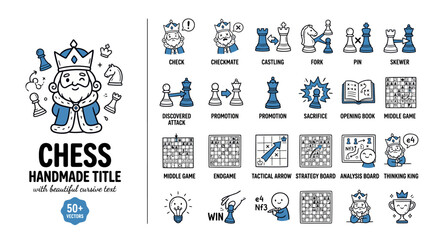 Chess strategy icon set, 50 plus hand drawn vector elements for game analysis, blue and white cartoon chess pieces and tactical board symbols © sidra