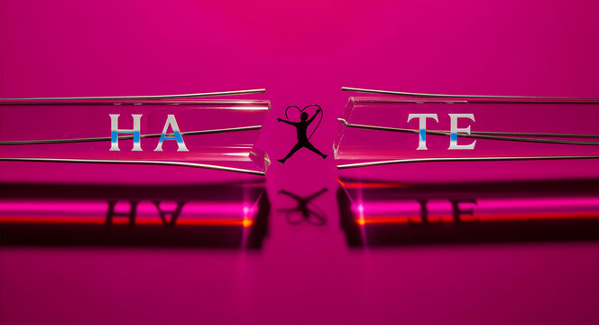 Person jumping with heart between split word hate. Glass blocks on a pink background with reflections. Love overcoming hate concept for social justice and peace campaigns.