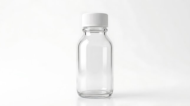 Empty Clear Glass Medicine Bottle with White Screw Cap on White Background
