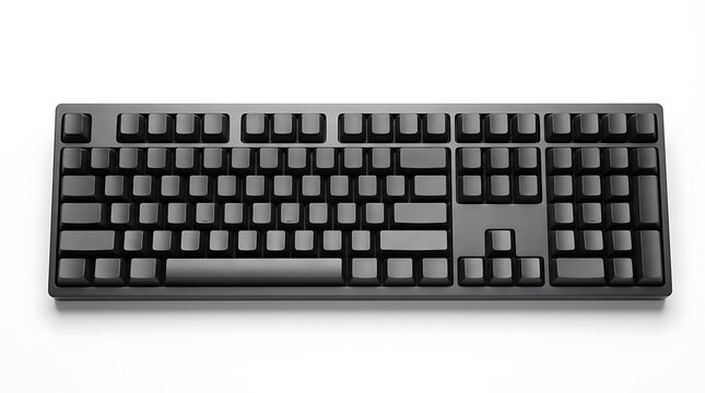 Black mechanical keyboard isolated on white background, modern computer input device with full-size layout and minimalist design.