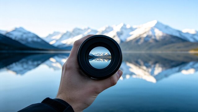 Hand holding camera lens with mountain reflection