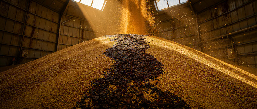 Grain pouring into a large pile in a warehouse. Golden light hits the harvest inside a granary. Food supply concept for industrial trade ads.