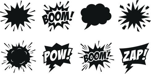 Comic Book Speech Bubbles And Explosions Black Silhouette Vector Graphics © Tanmoy