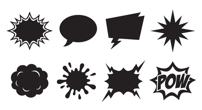 Comic book speech bubbles and explosion shapes black silhouettes