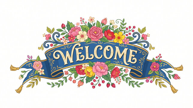 Elegant Floral Ribbon Banner Vector with Wellcome Text