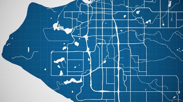 Ink reveal animation of Anchorage city, Alaska (AK), United States of America, grid map. Aerial top view. Blueprint style. White lines with blue background. 4K Seamless loop.
