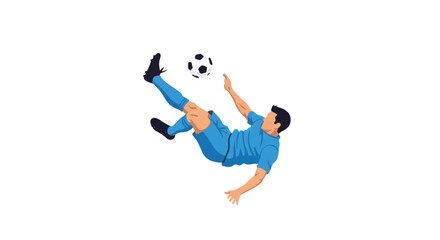 Obraz premium Male soccer player performing a perfect overhead bicycle kick mid-air, body horizontal to the ground, leg striking the ball with power, dynamic energy, minimalist flat vector artwork, clipart