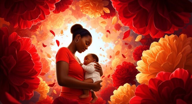 African American mother cradling her infant baby amidst vibrant flowers. Warm artistic illustration showing a nurturing maternal bond. Ideal for Mother's Day and family-oriented marketing.