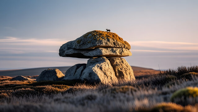 Moss-covered stone dolmen with sheep silhouette at sunset