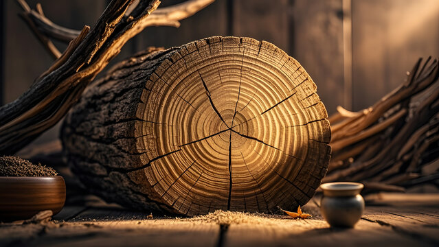 Cross-section of aged tree trunk with visible growth rings on wooden surface