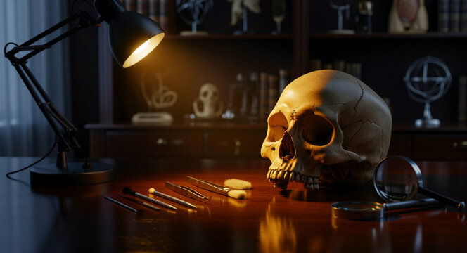 Human skull on desk with forensic tools under lamp light. Brushes and magnifying glass arranged for study in a dark lab. Forensic anthropology concept for science and investigation themes.