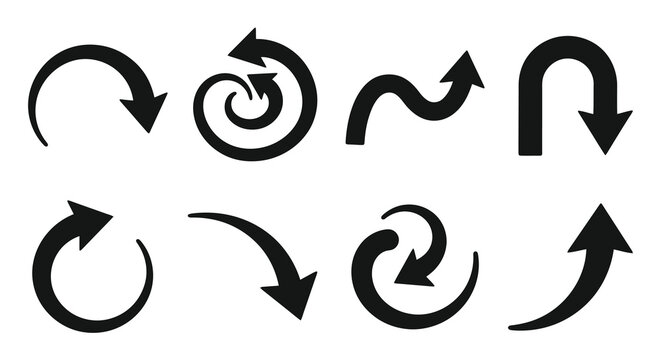 Circular arrow shapes black silhouettes on a white background