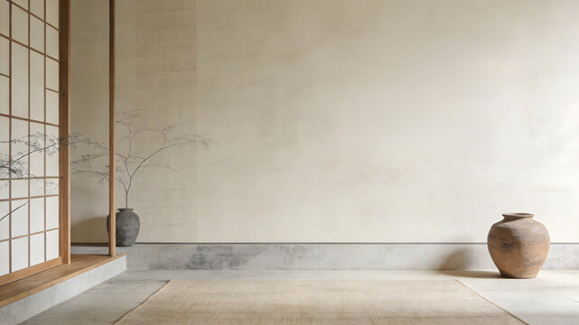 Minimalist Japanese room with shoji screen, gray vase, dried branches, and earthen jar on tatami mat