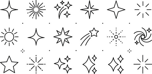 Minimalist star and sparkle line icons set with glowing sun shooting star and spiral galaxy © Sabbir Studio
