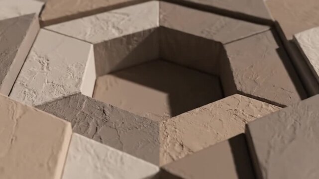 Geometric pattern of brown stone blocks forming a hexagonal shape