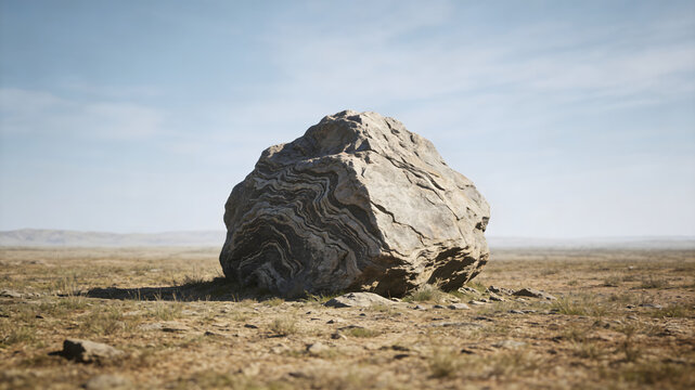 Large banded metamorphic rock in arid desert landscape