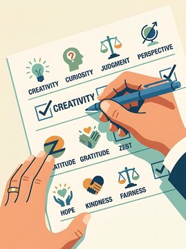 Person checking off strengths on a character assessment list