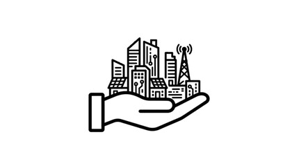 Obraz premium Human hand holding sustainable smart city skyscraper buildings with solar panels and telecommunication antenna tower line outline concept graphic design vector image