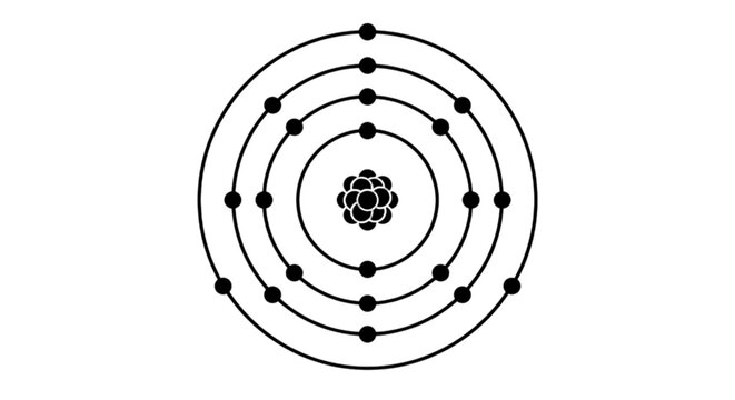 Bohr atomic structure model showing central atomic nucleus protons neutrons surrounded by multiple concentric orbital circular electron shells path graphic minimal vector image