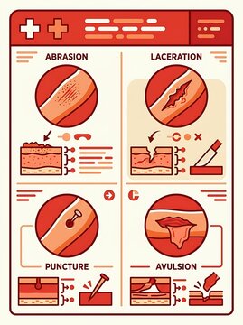 Medical infographic illustrating types of skin injuries and wounds