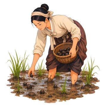 Ancient Korean Woman Collecting Marsh Snails in Rice Paddy