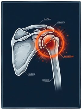 Anatomical illustration of human shoulder joint pain with bone labels