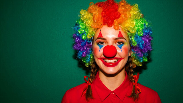 Woman smiling in colorful clown wig and face paint. Performer posing with red nose and rainbow hair on green background. Circus theme, ideal for party promotion and festive entertainment ads.